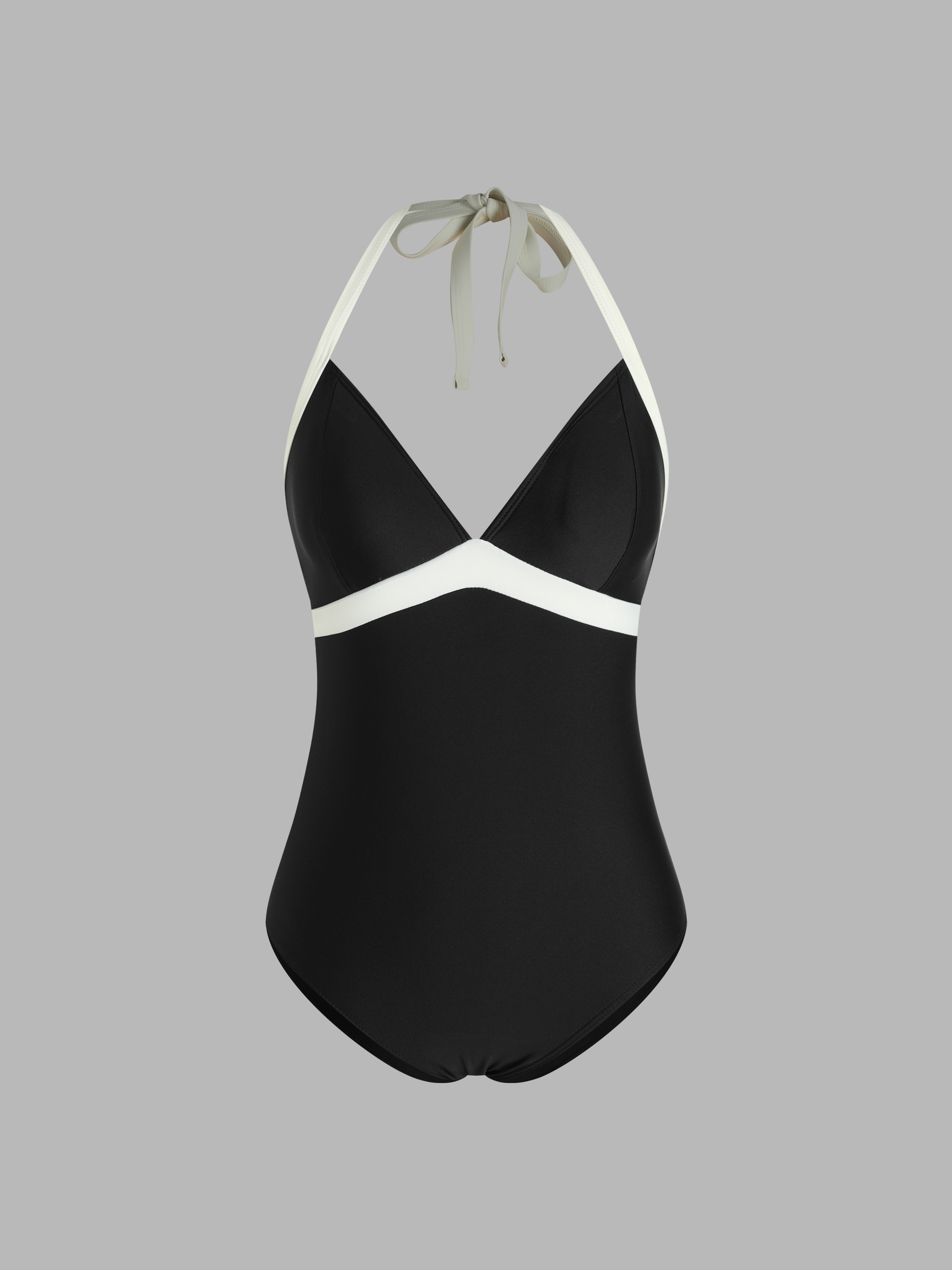 Knit Fabric V-neck Halter Contrast Binding One Piece Swimsuit For ...
