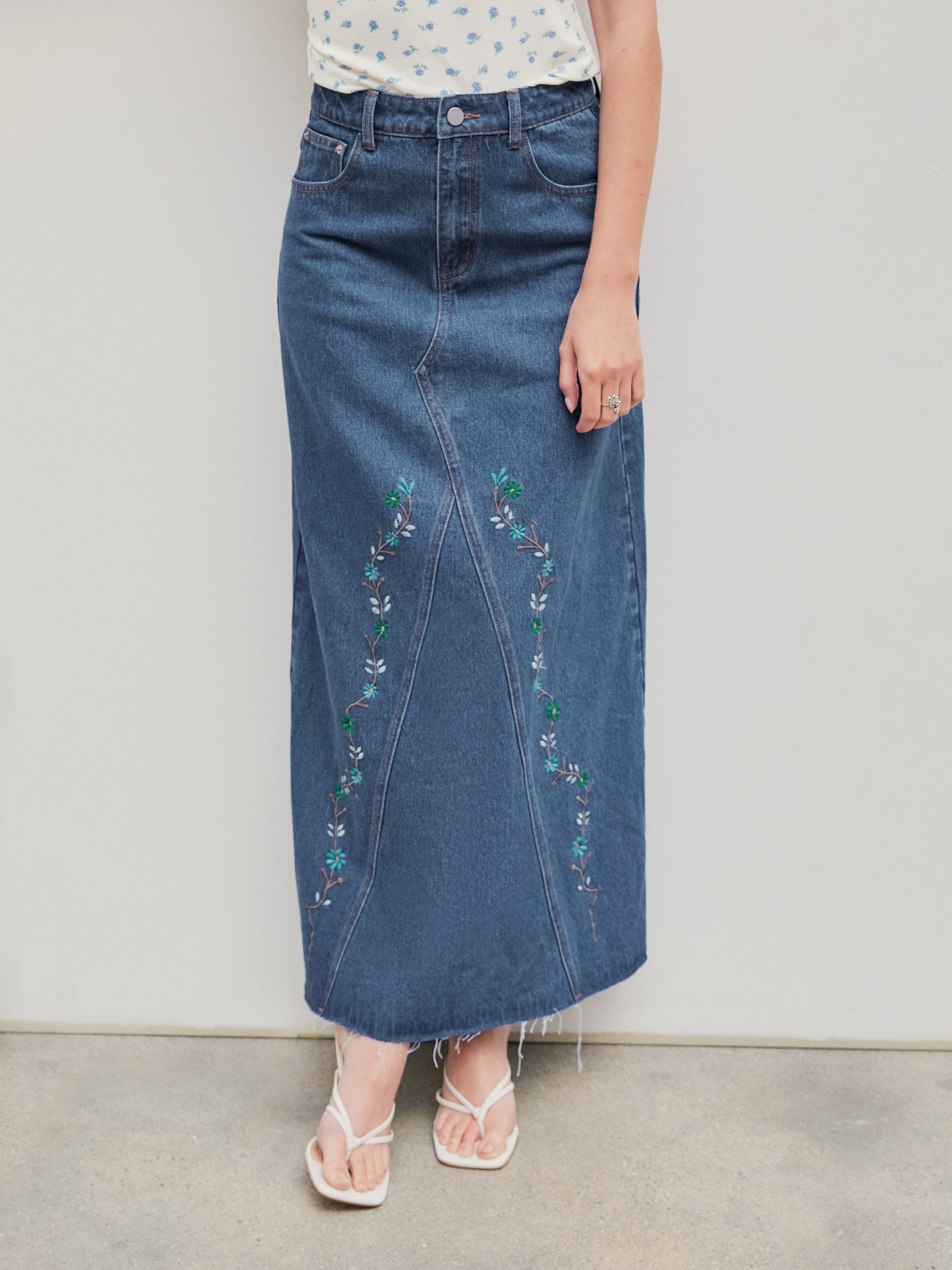 Denim Floral Embroidery Fringe Maxi Skirt