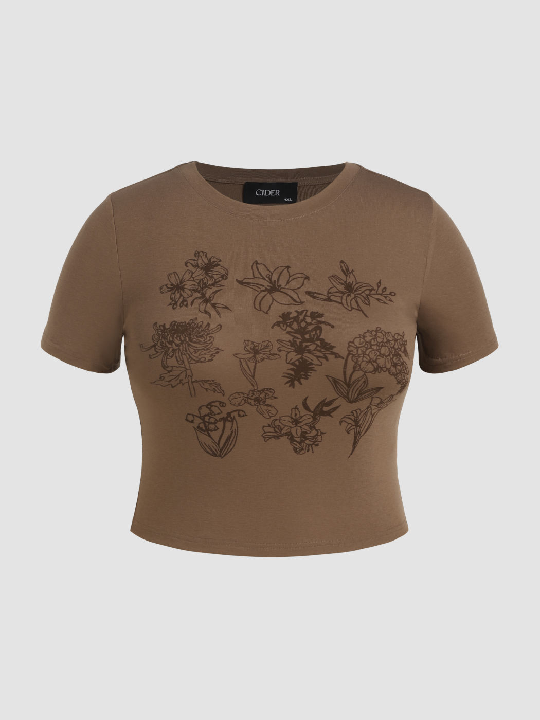 Kurzarm-T-Shirt mit Rundhalsausschnitt und Blumenmuster Kurve & Plus