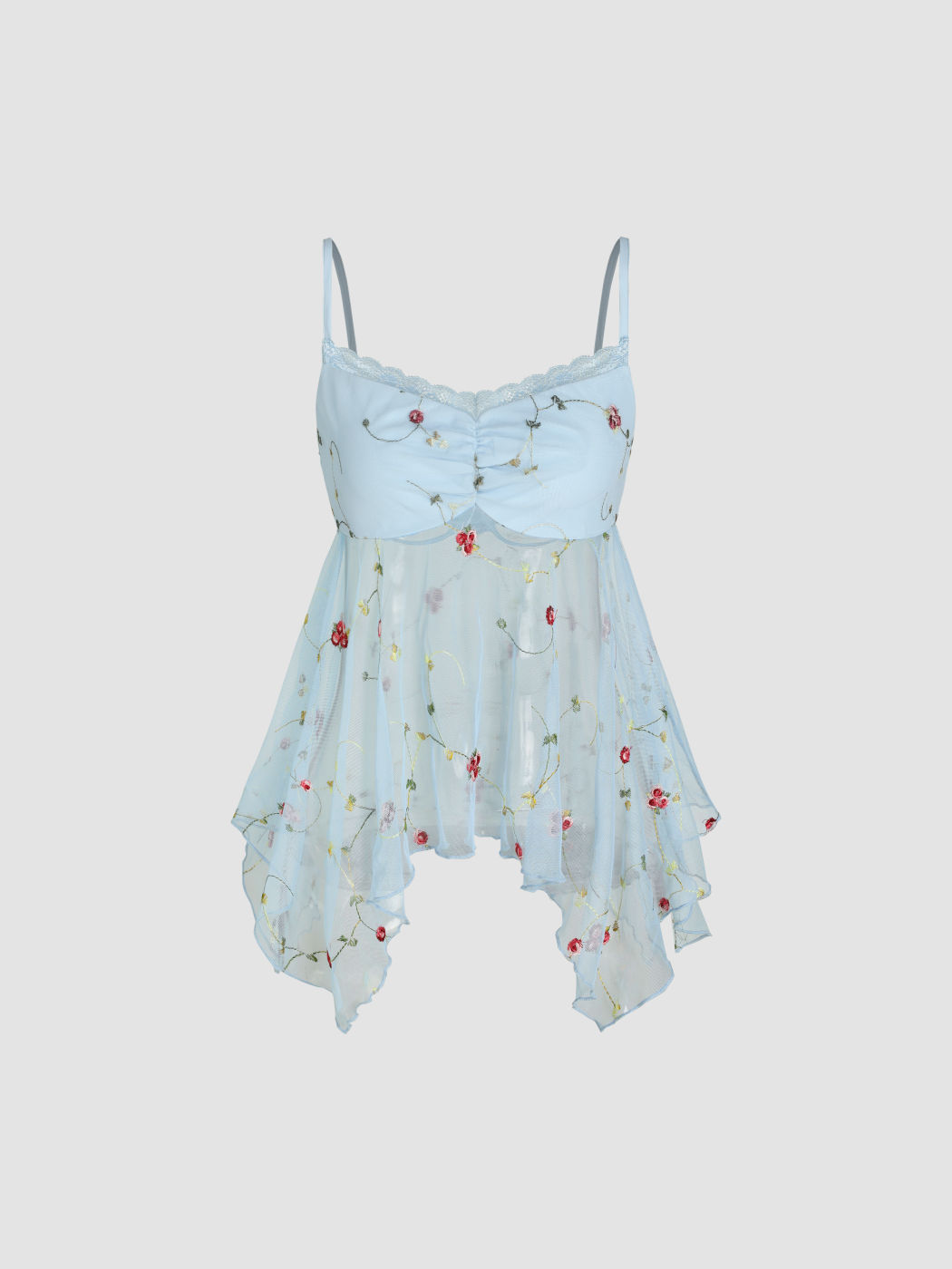  Florales Gerafftes Mesh-Spitzen Crop Top