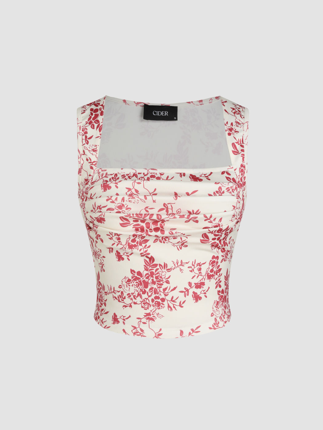  Florales Gerafftes Crop Tank Top mit Quadratischem Ausschnitt