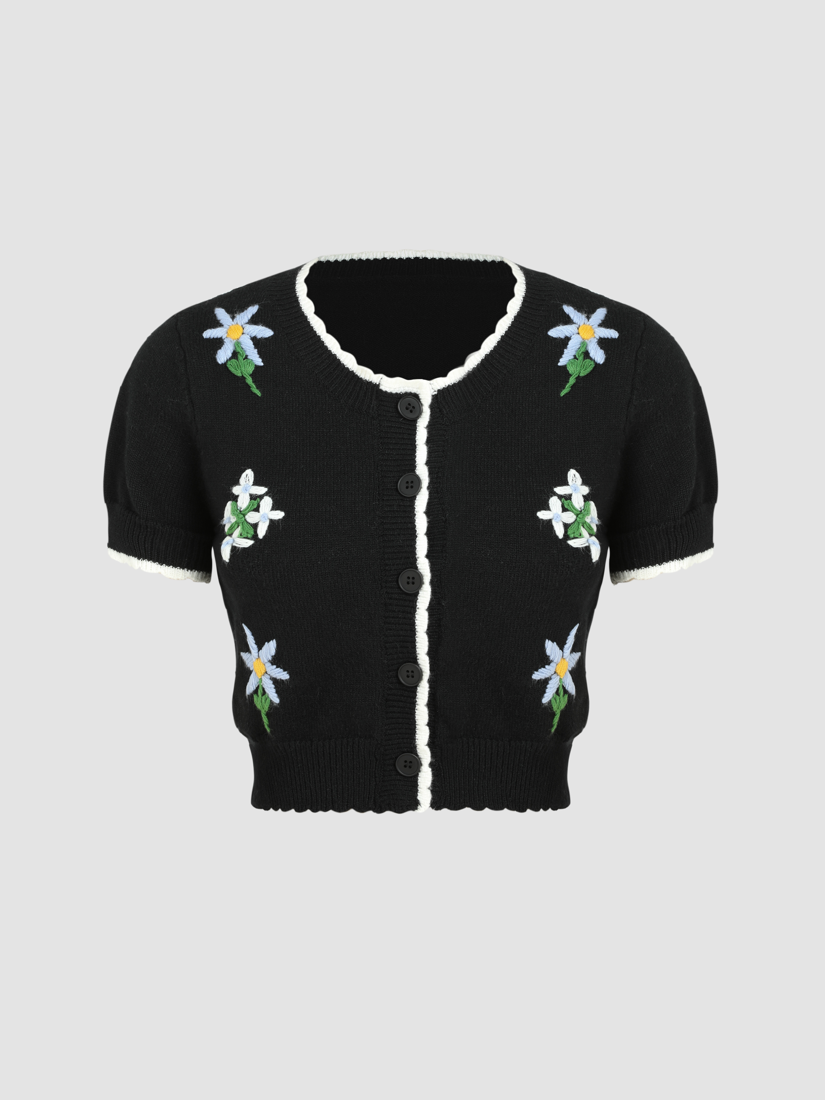 Knit Flower Graphic Contrasting Binding Short Sleeve Crop Top - Cider