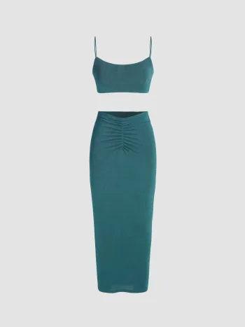 U-neckline Crop Tank Top & High Waist Ruched Maxi Skirt Set