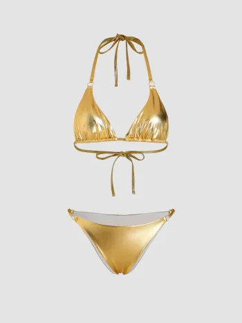  Falsches Leder Metallic Dreieck Bikini Badeanzug