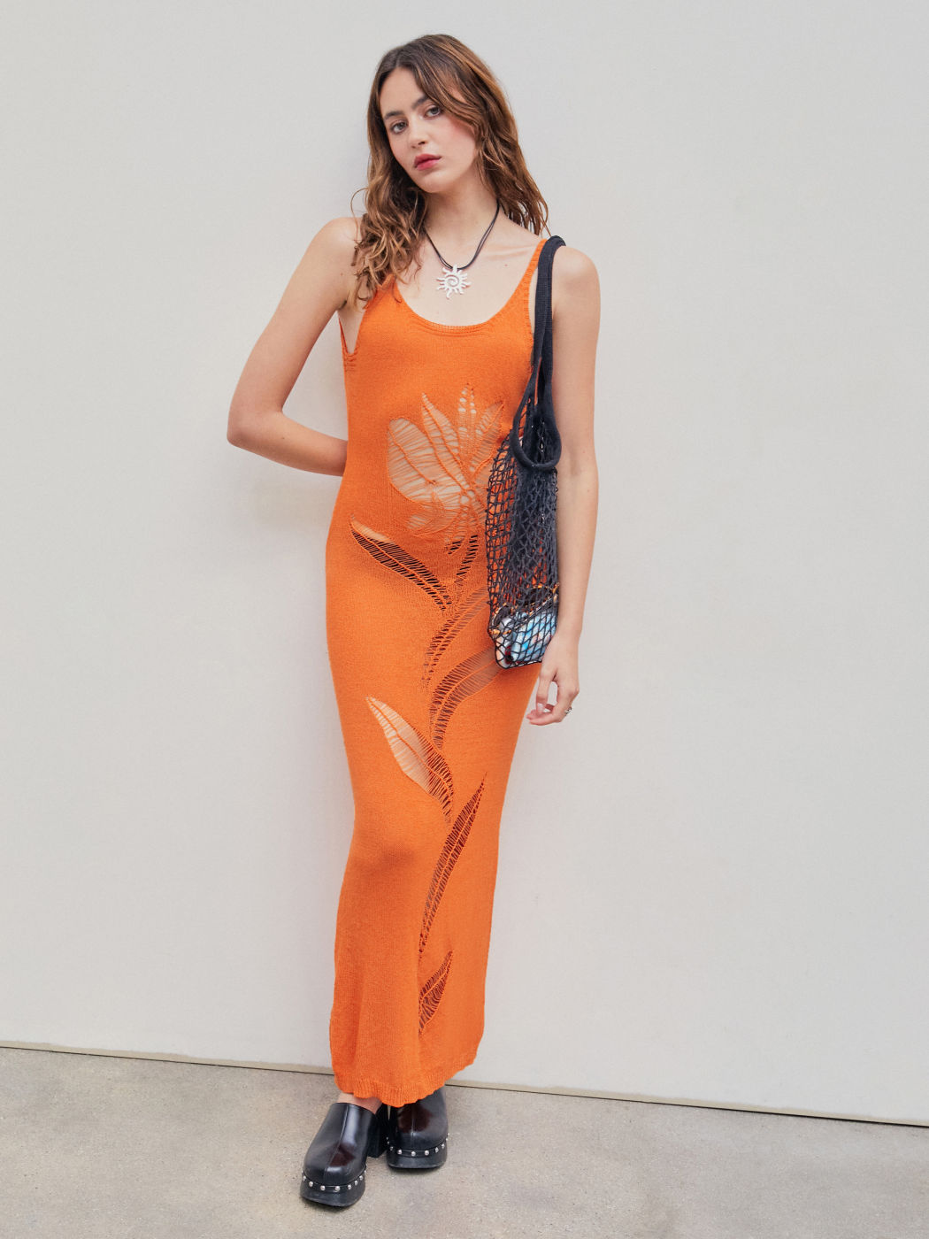 Knit Floral Ripped Backless Maxi Dress