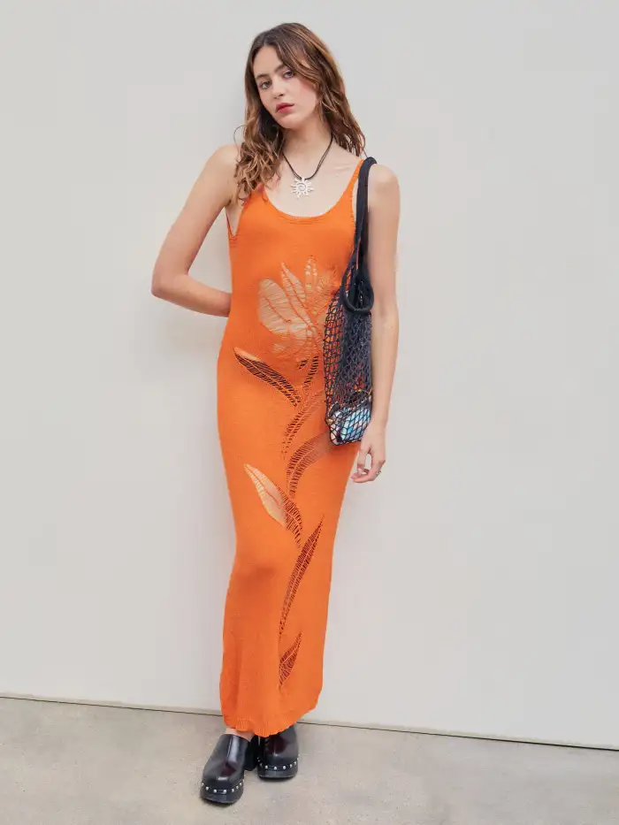 Halloween Floral Ripped Backless Knitted Maxi Dress For Vacation Halloween Floral Ripped Backless Knitted Maxi Dress For Vacation