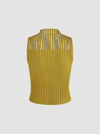 Solid Knit Stand Collar Ruffle Trim Tank Top - Cider