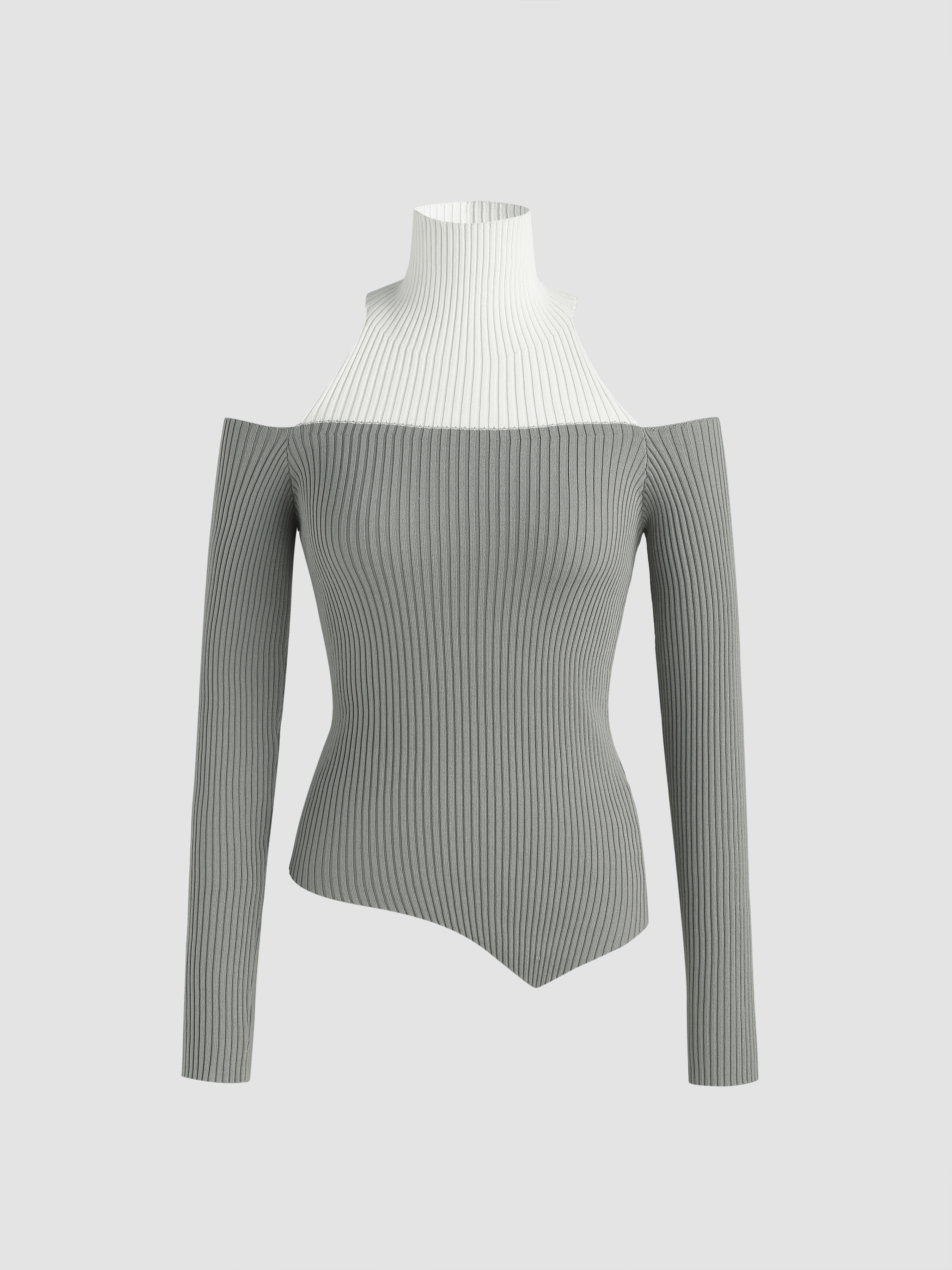 Solid Asymmetric Shoulder Cutout Long Sleeve Knit Top main image 0