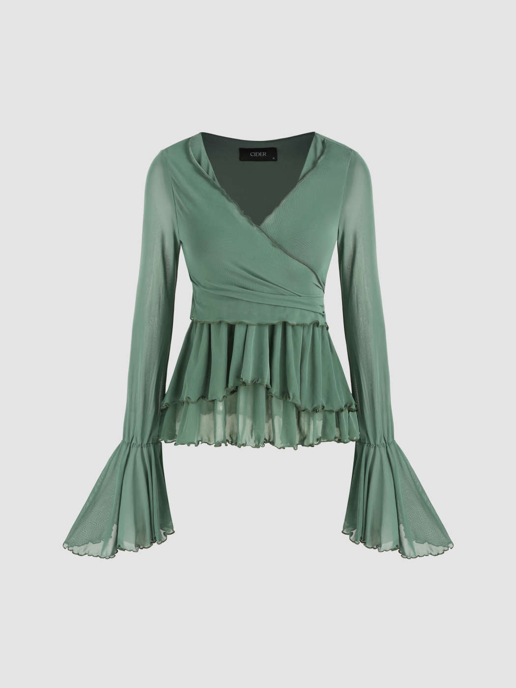 Mesh Mesh V-neck Ruffle Bell Sleeve Top For Vacation Holiday