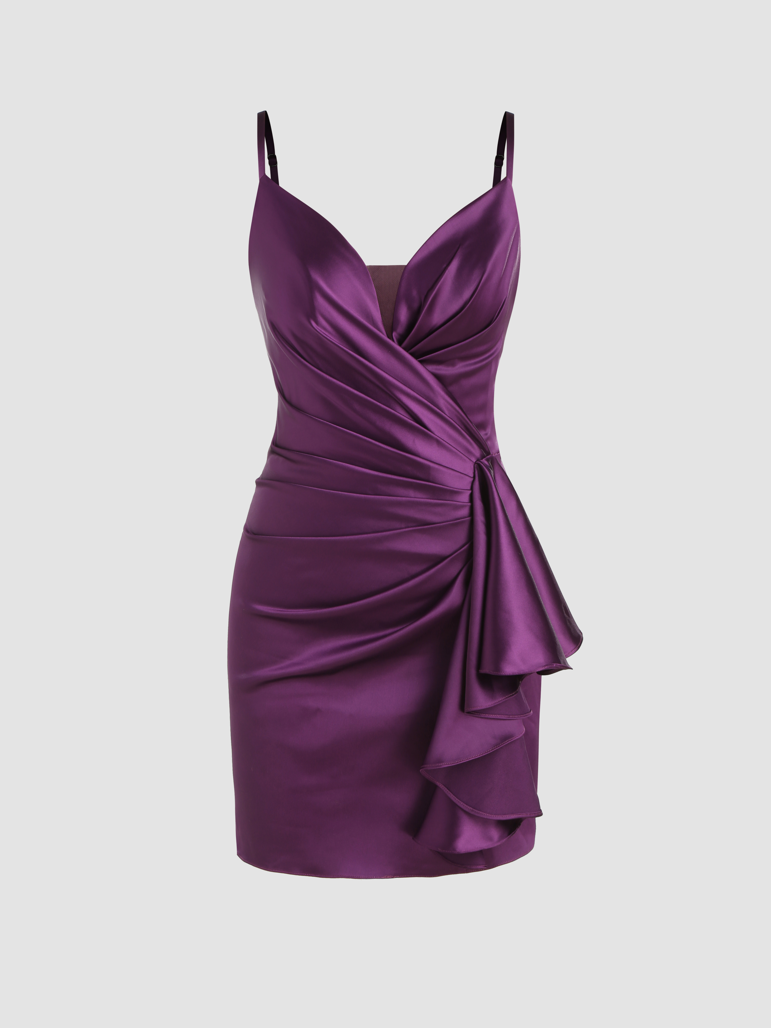 Satin V Neck Ruched Ruffle Cami Mini Dress For Date Partyclubbing 0638