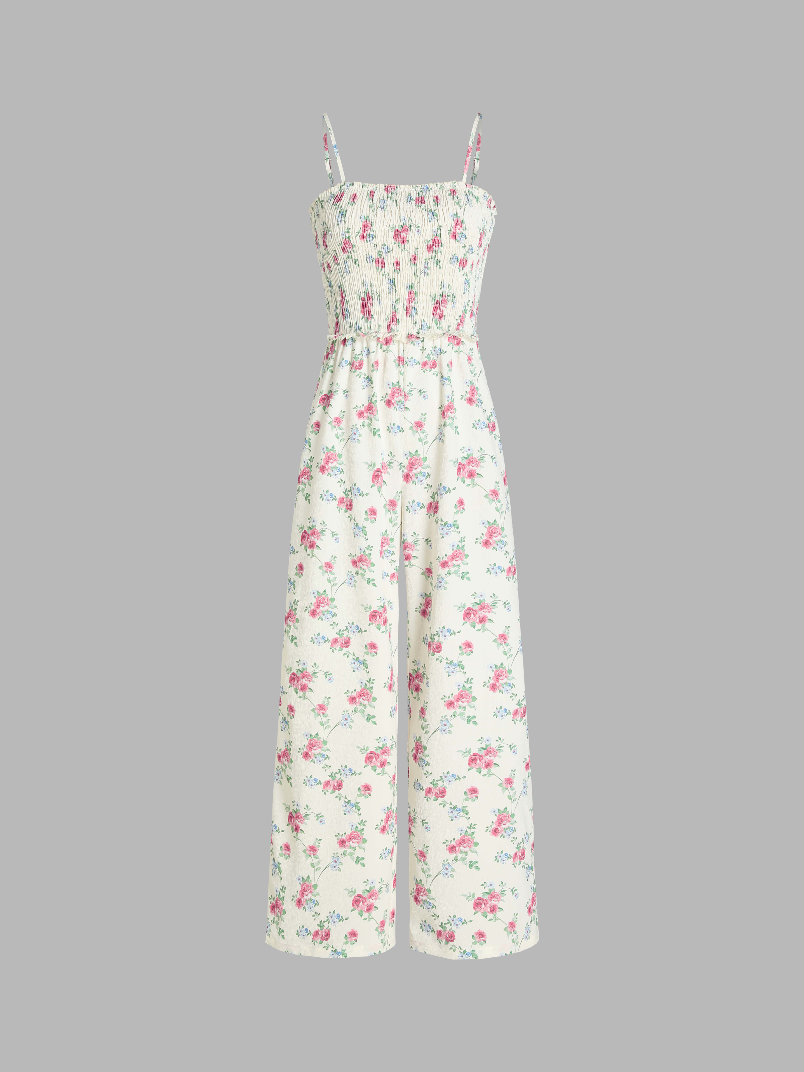 Square Neck Floral Shirred Wide Leg Jumpsuit - Cider