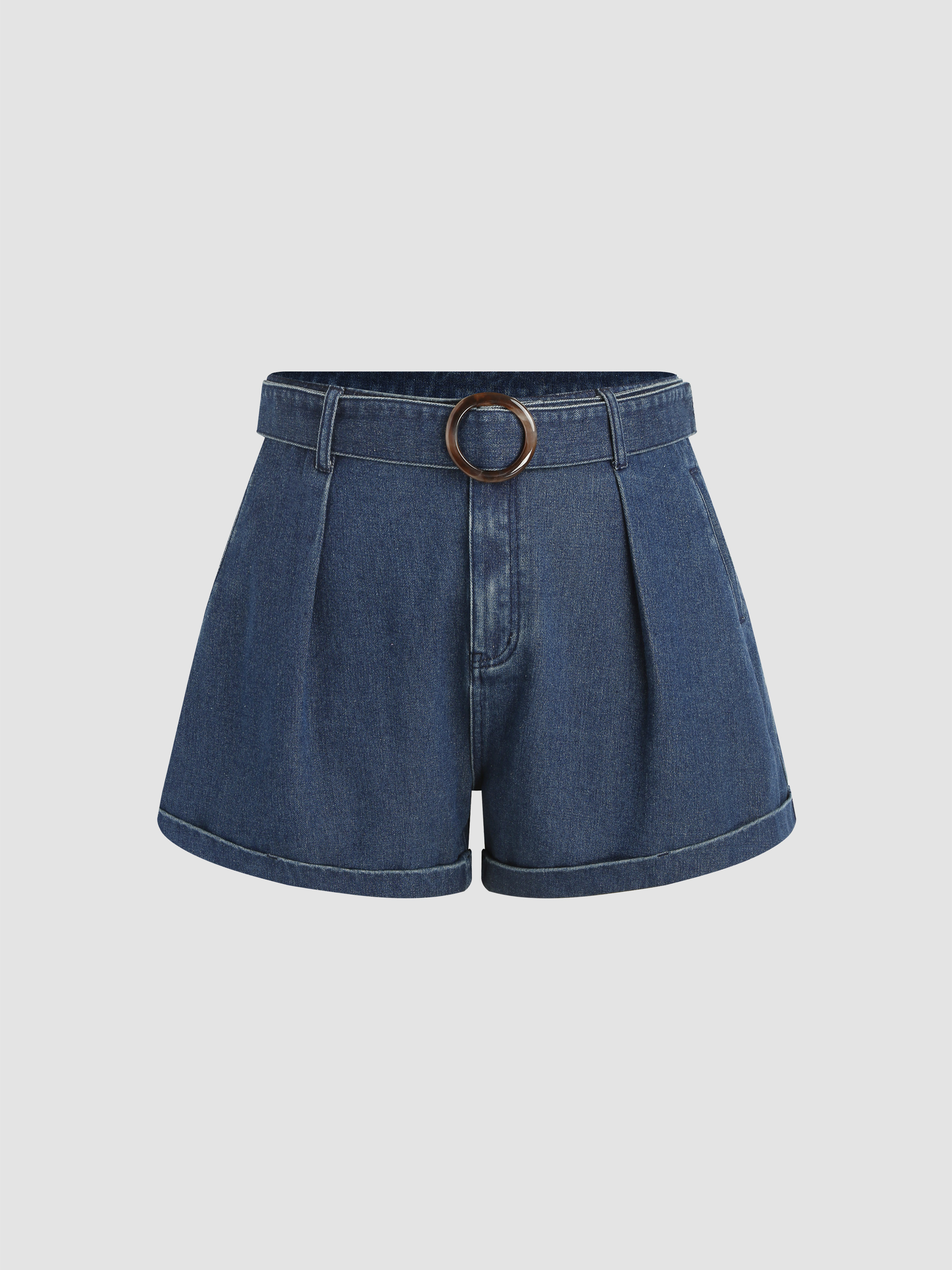 Belted Pleated Wide Leg Denim Shorts Curve And Plus For Daily Casual Picnic
