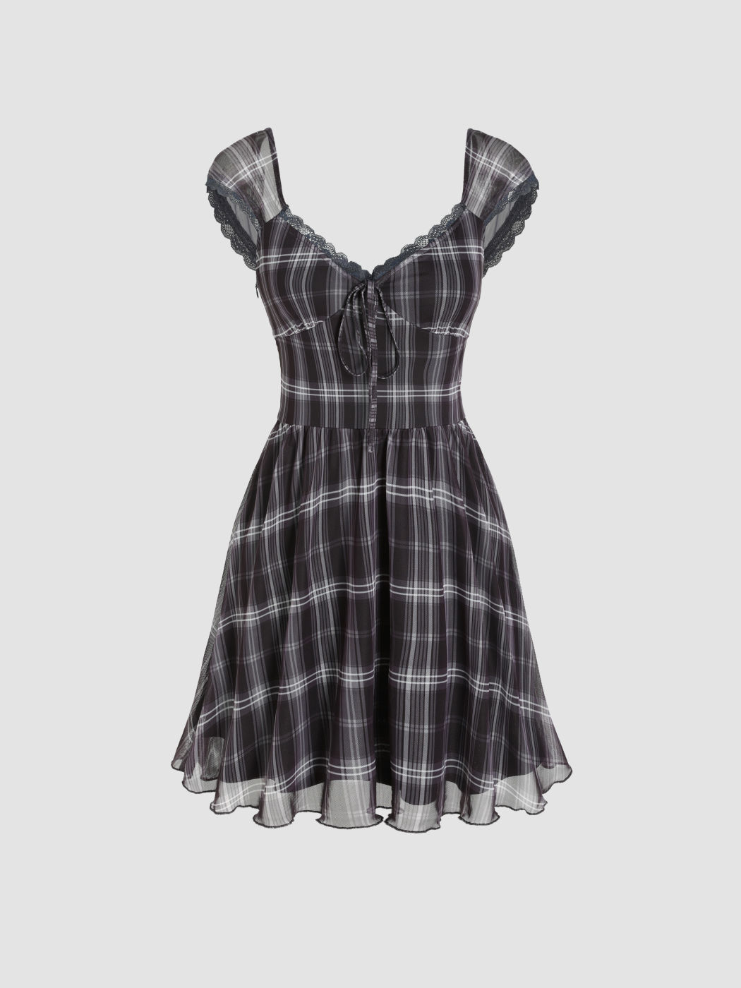 Kariertes Minikleid mit geknotetem Salatbesatz und V-Ausschnitt