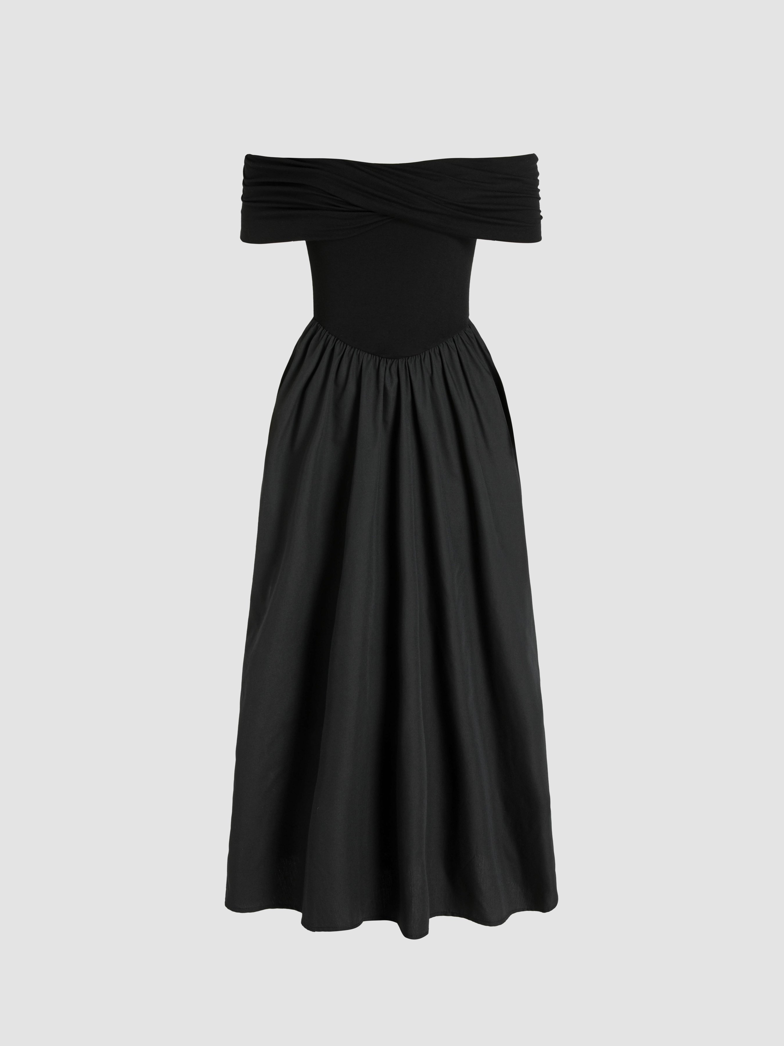 Elegant Off-Shoulder Printed Ruched A-Line With Pockets Maxi Dress