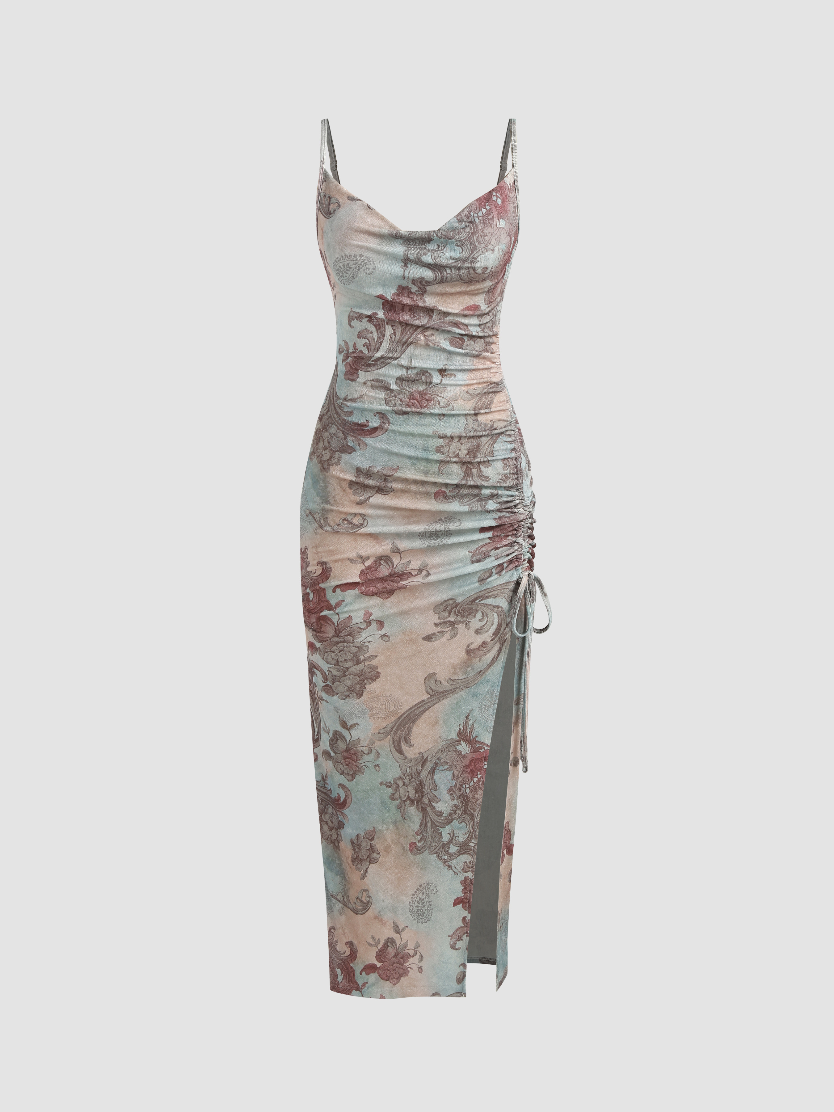 Woven Paisley Ruched Drawstring Maxi Dress For Date Exhibition