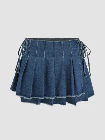 Denim Washed Raw Hem Plissee geknoteter Minirock
