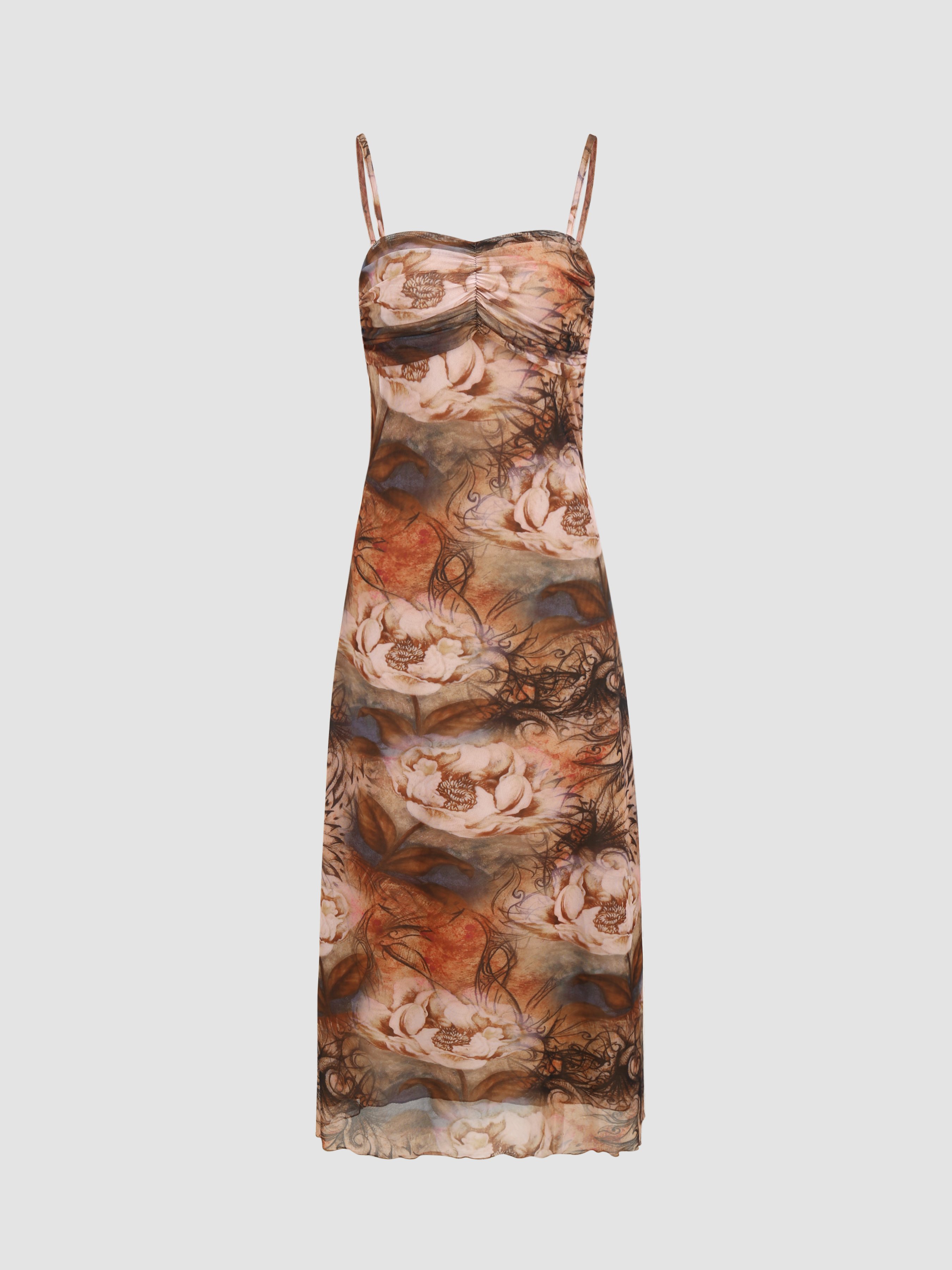 Mesh Overlay Floral Print Off Shoulder Ruched Ruffles Stretch Midi Dress