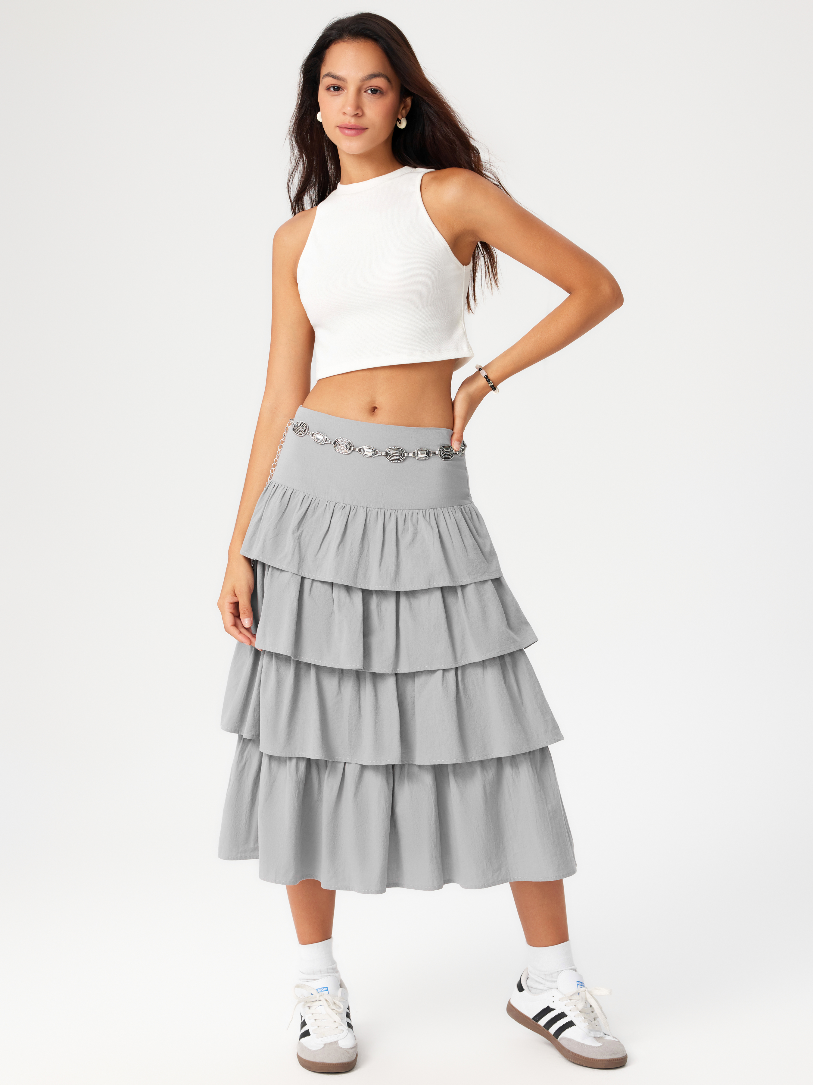 Mid Waist Layered Ruffle Maxi Skirt - Cider