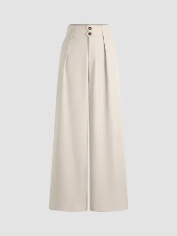 Button Mid Waist Wide Leg Pants