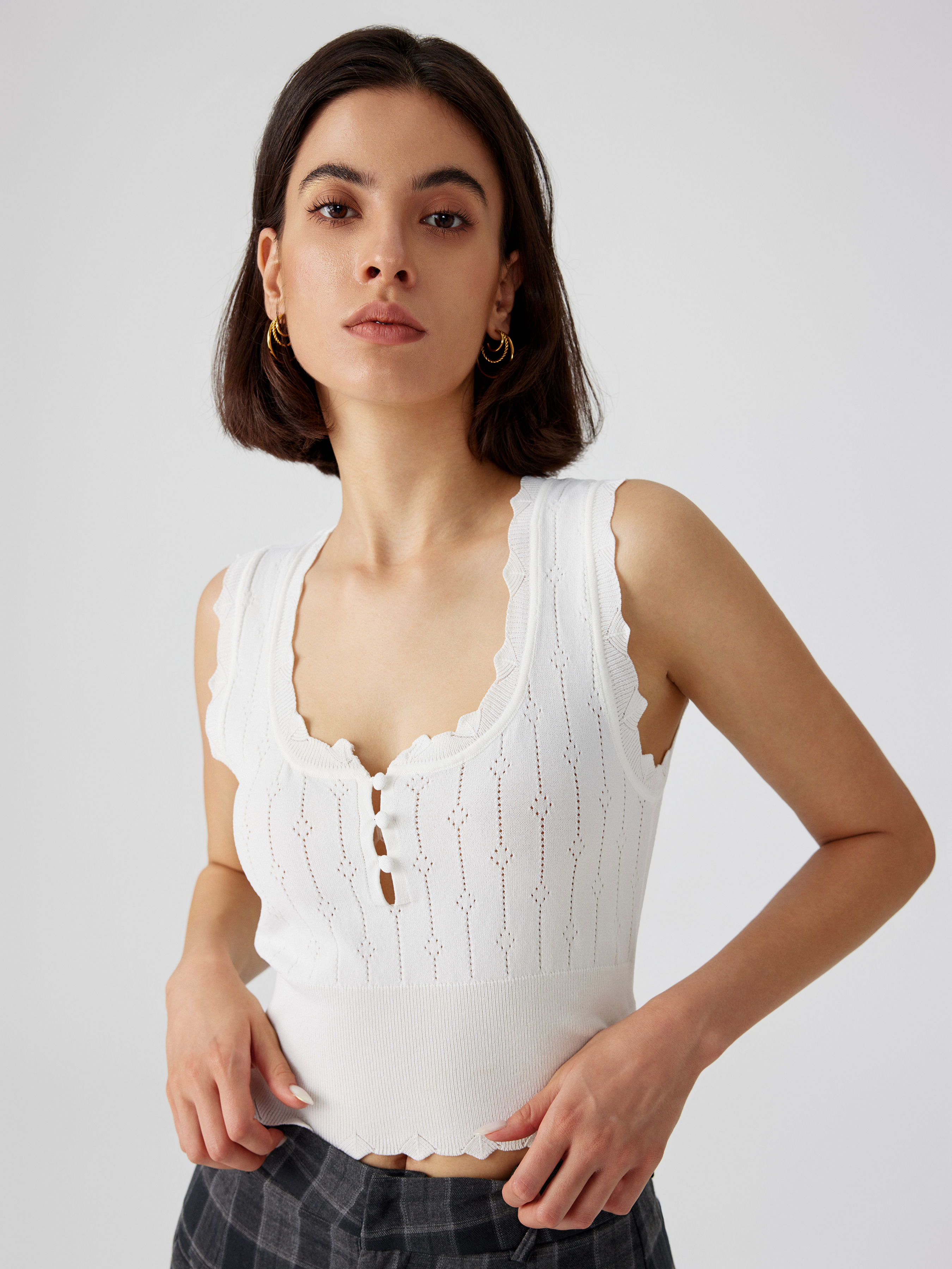 Floral Button Knitted Crop Top - Cider