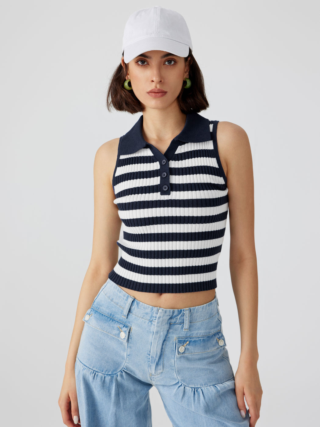 Polo Striped Knitted Crop Tank Top