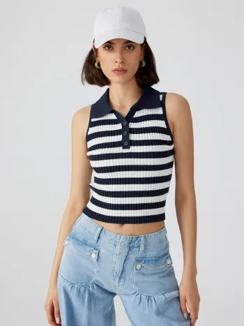 Polo Striped Knitted Crop Tank Top