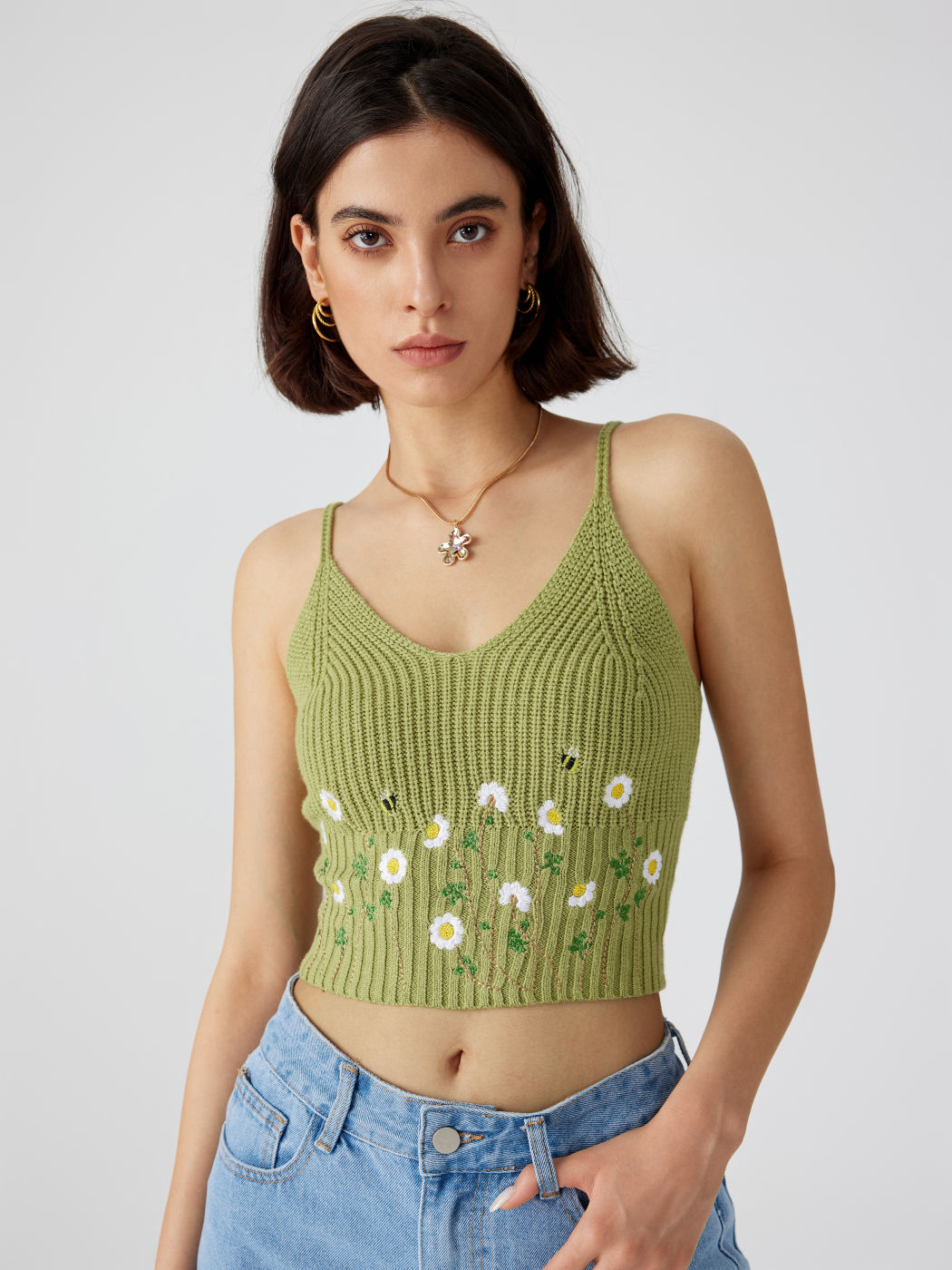 Knit Floral Scoop Neckline Crop Tank Top