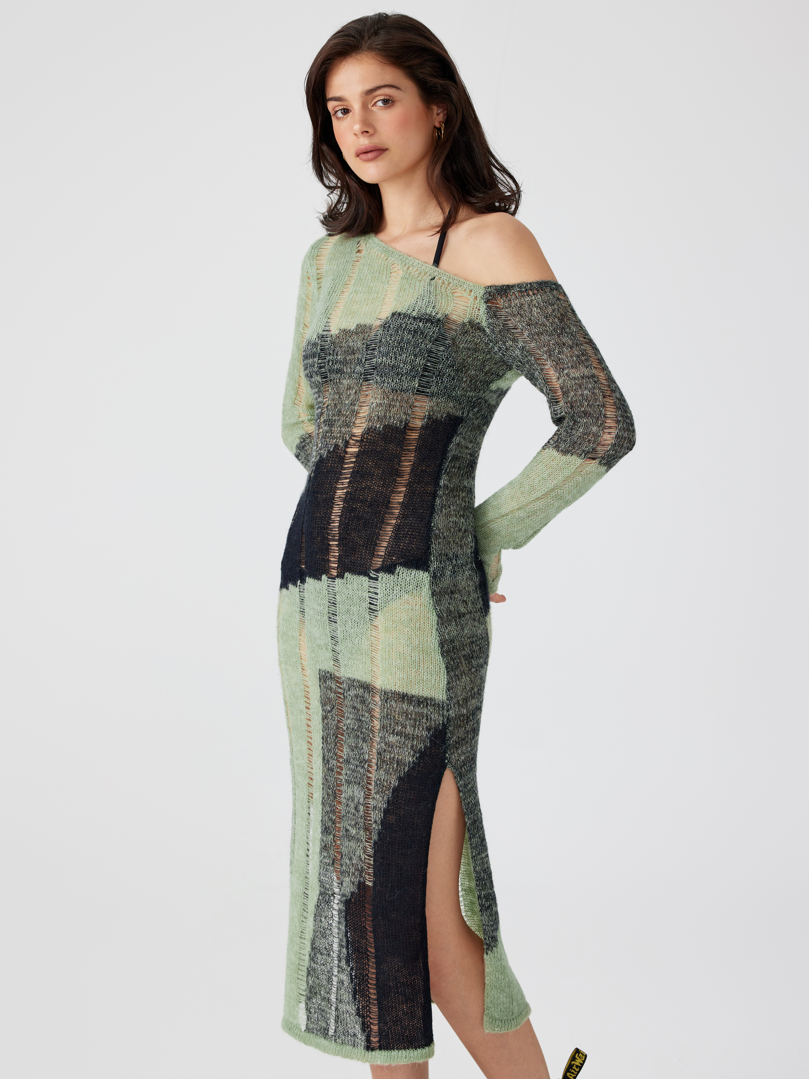 Wool-blend Patchwork Asymmetrical Neck Knitted Midi Dress - Cider