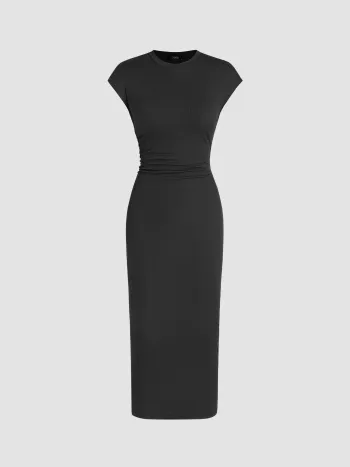 Round Neckline Ruched Midi Dress