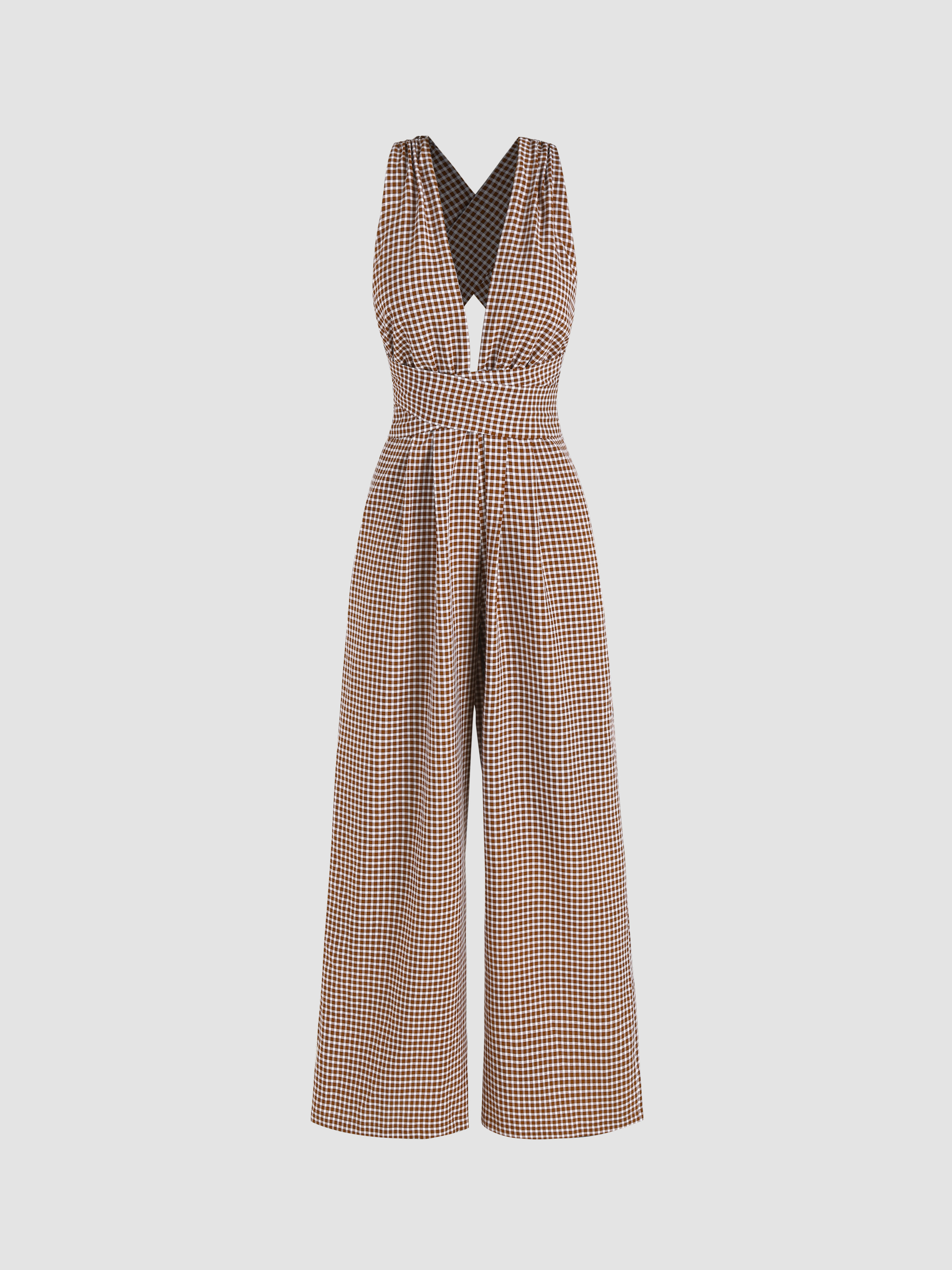 Woven Deep V-neck Check Cut Out Jumpsuit For Vacation Holiday