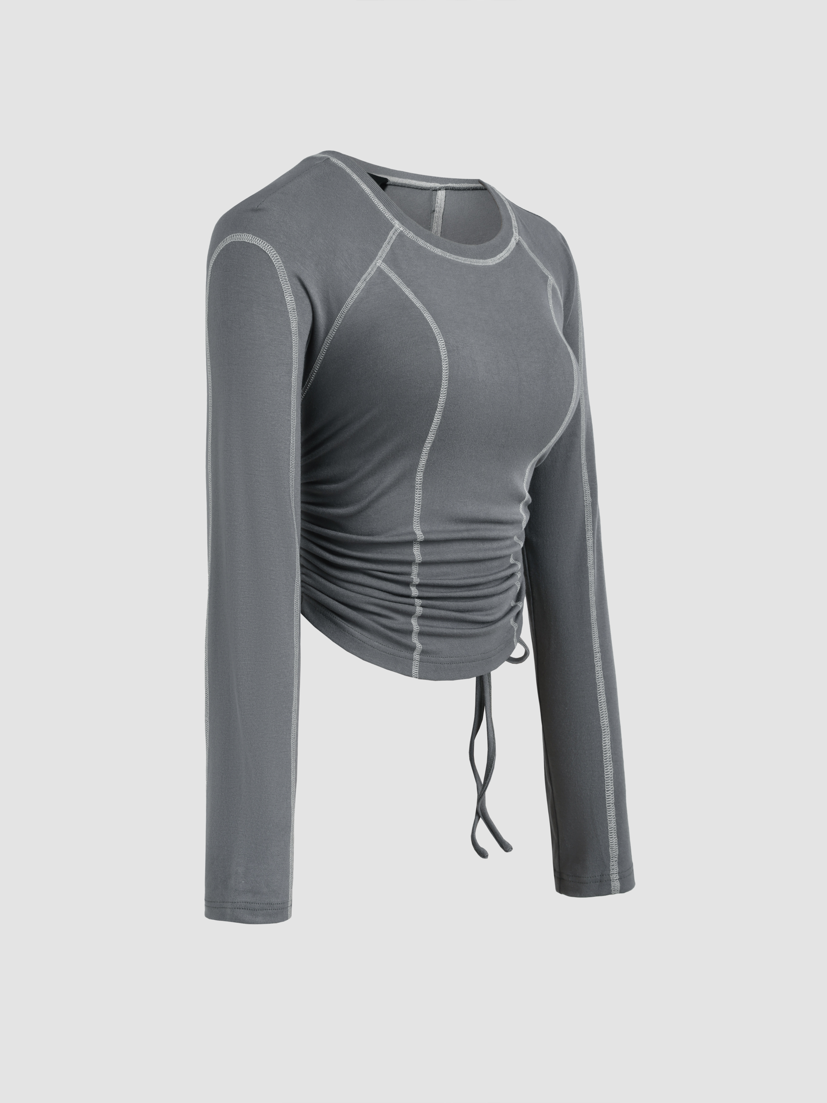 dDdDdDd　BIG DRAWSTRING LONG-SLEEVE T Woven Round Neckline Contrasting Binding Drawstring Long