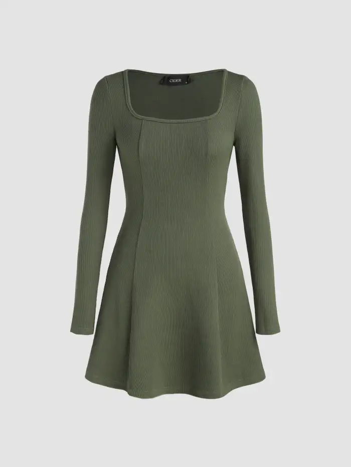 Solid Rib Square Neck Ruffle Long Sleeve Mini Dress For Holiday