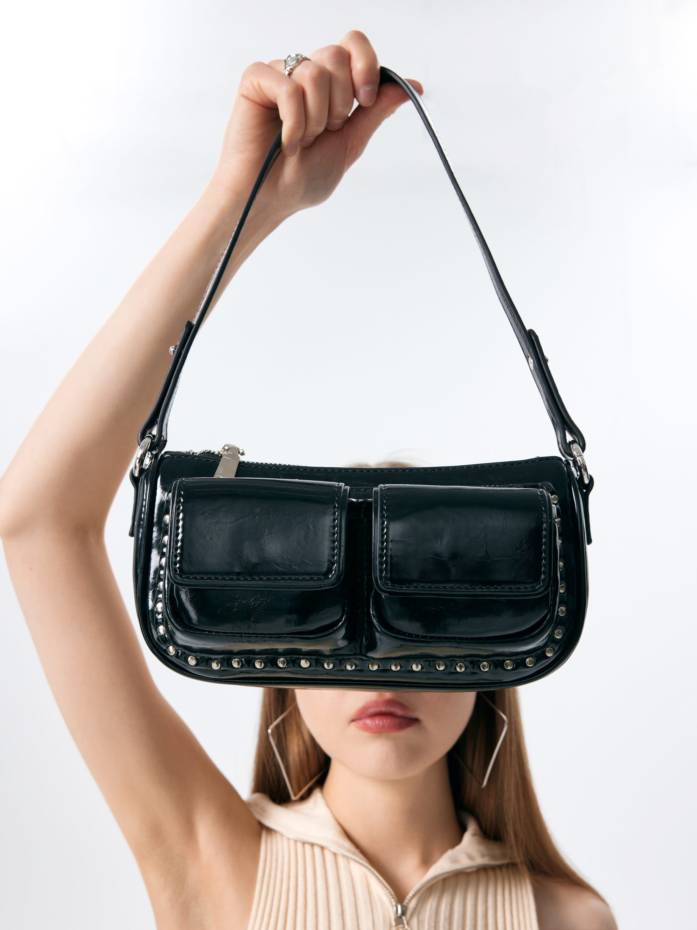 Faux Leather Studded Decor Baguette Bag