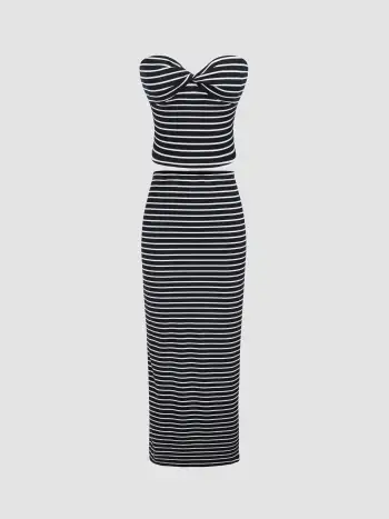 Tube Striped Twist Crop Top & Striped Maxi Skirt Matching Set