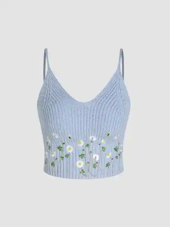 Knit Floral Scoop Neckline Crop Tank Top