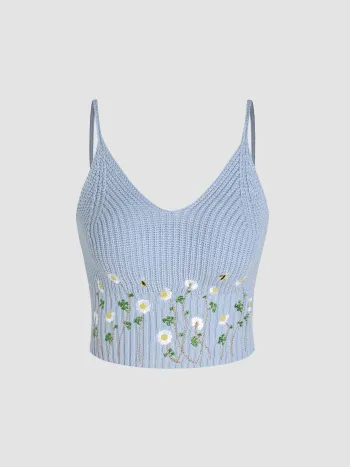 Gestricktes Blumen Crop Tank Top mit Rundhalsausschnitt