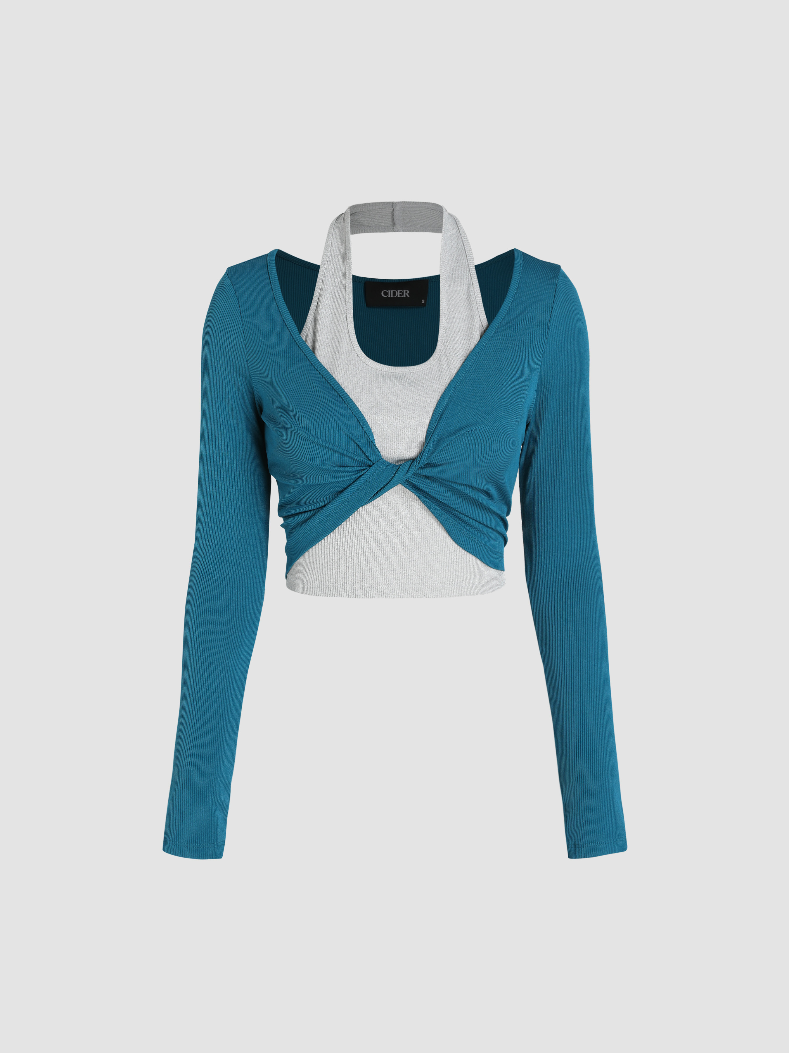 Halter Neckline Solid Twist Long Sleeve Top - Cider