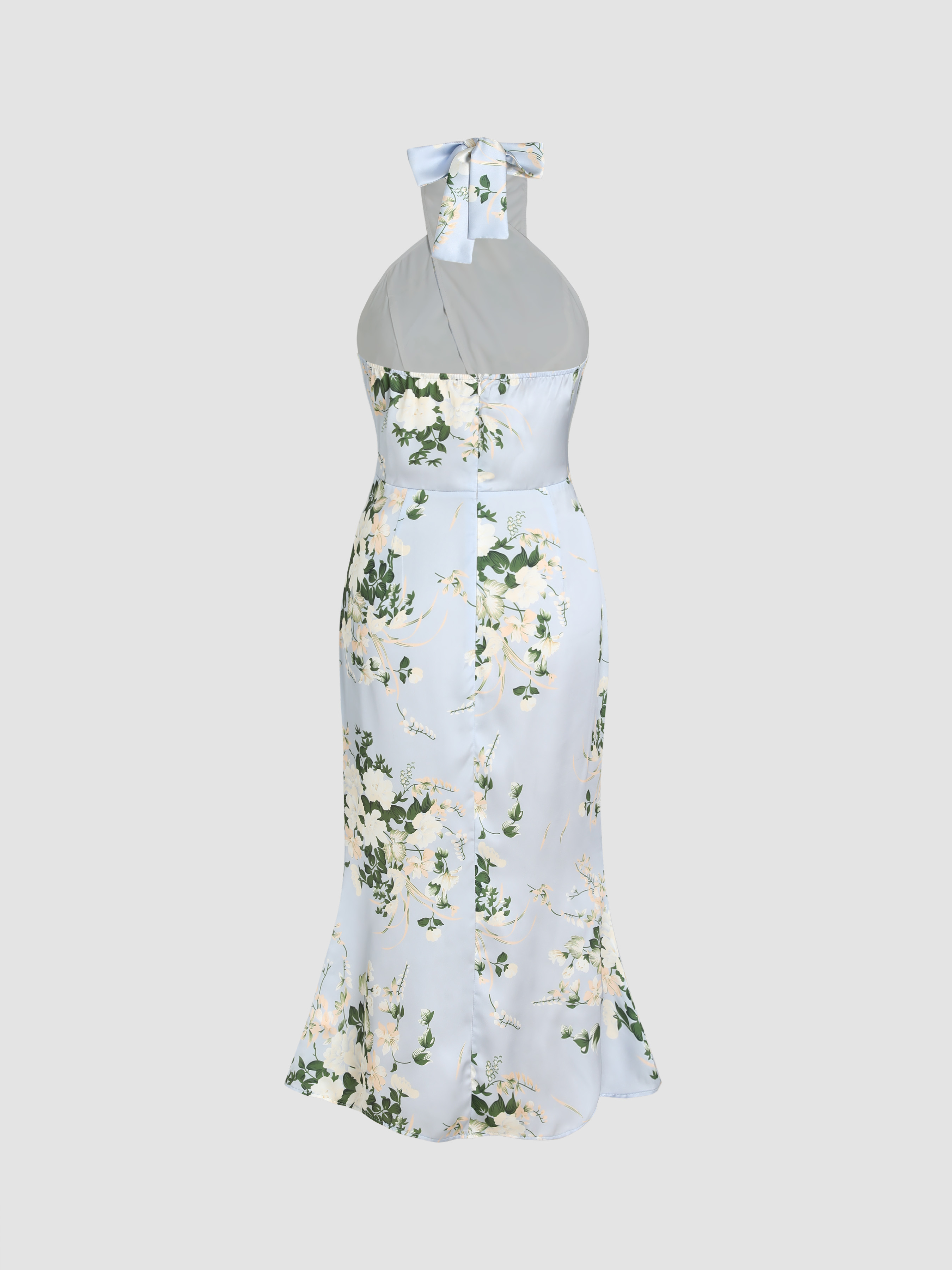 Jurk voor bruiloftsgasten Satijn Bloemen Kruis Halter Midi-jurk