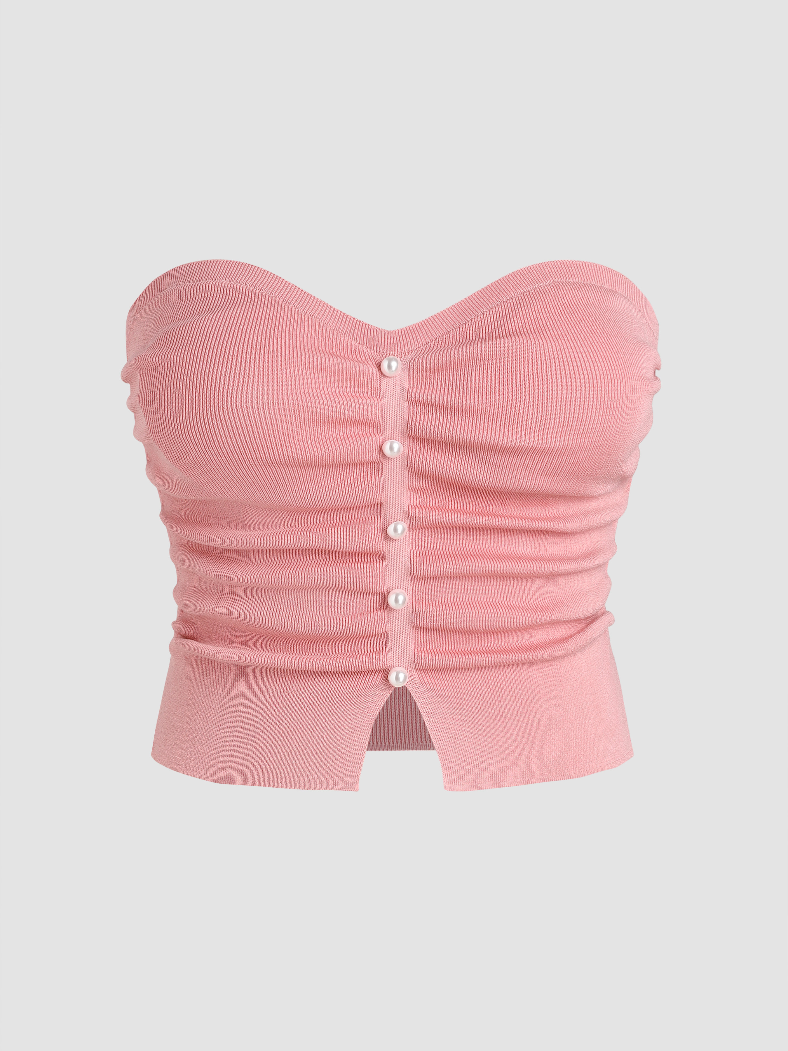 Curve & Plus Faux Pearl Split Ruched Knit Crop Top For Date Vacation