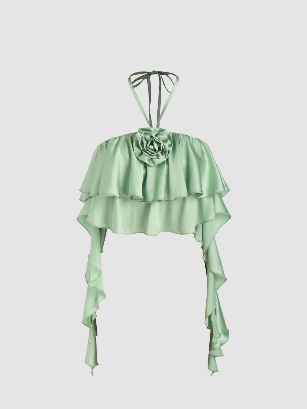 Satin Satin Halter Rosette Layered Ruffle Crop Top For Vacation 