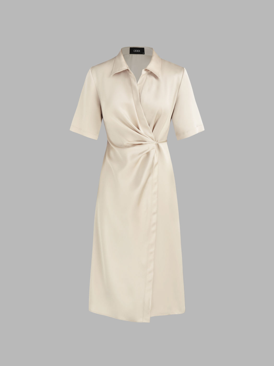 Woven Collar Belted Twist Midi Dress