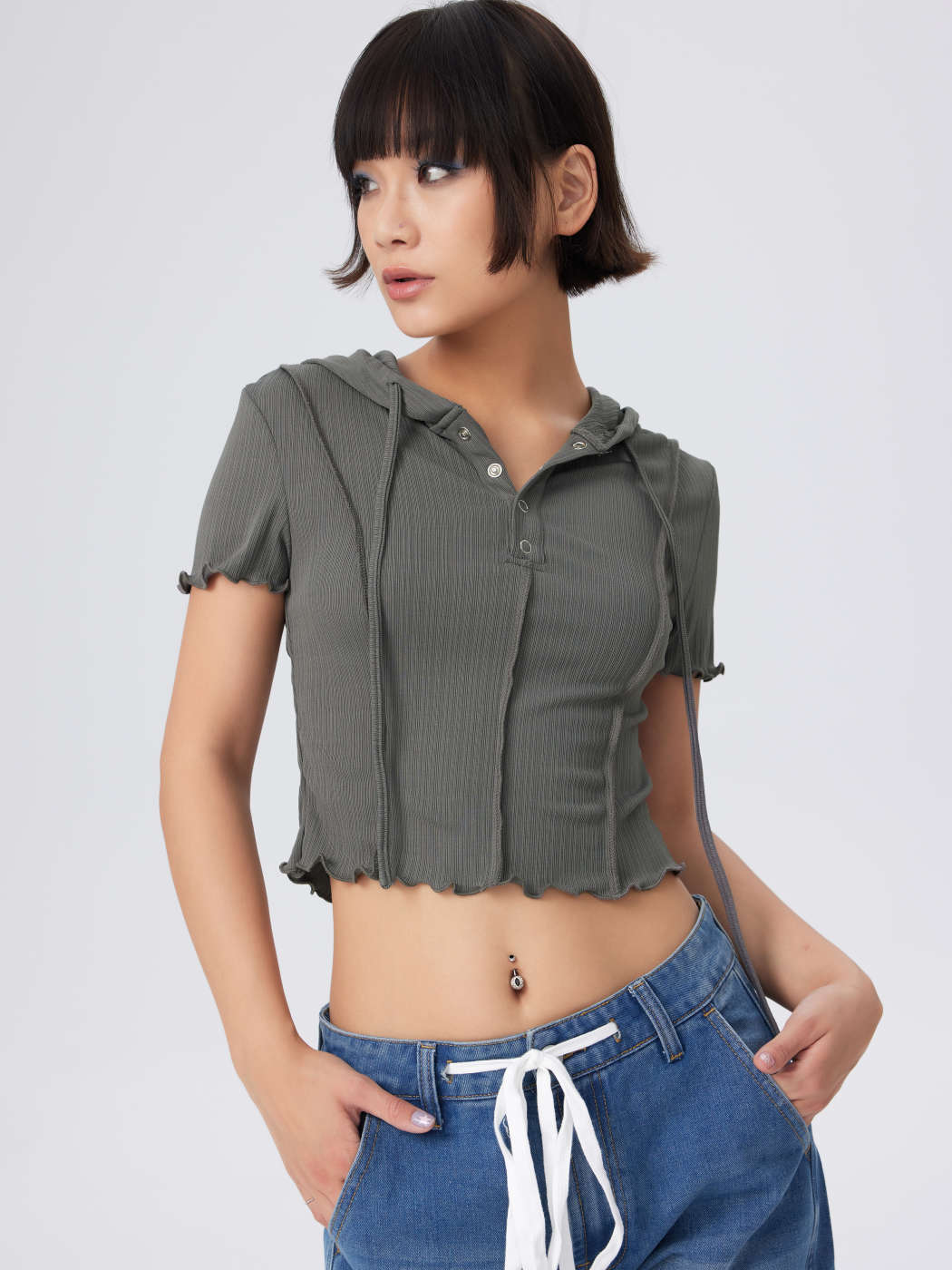 Knit Fabric Button Up Short Sleeve Crop Hoodie For School Daily