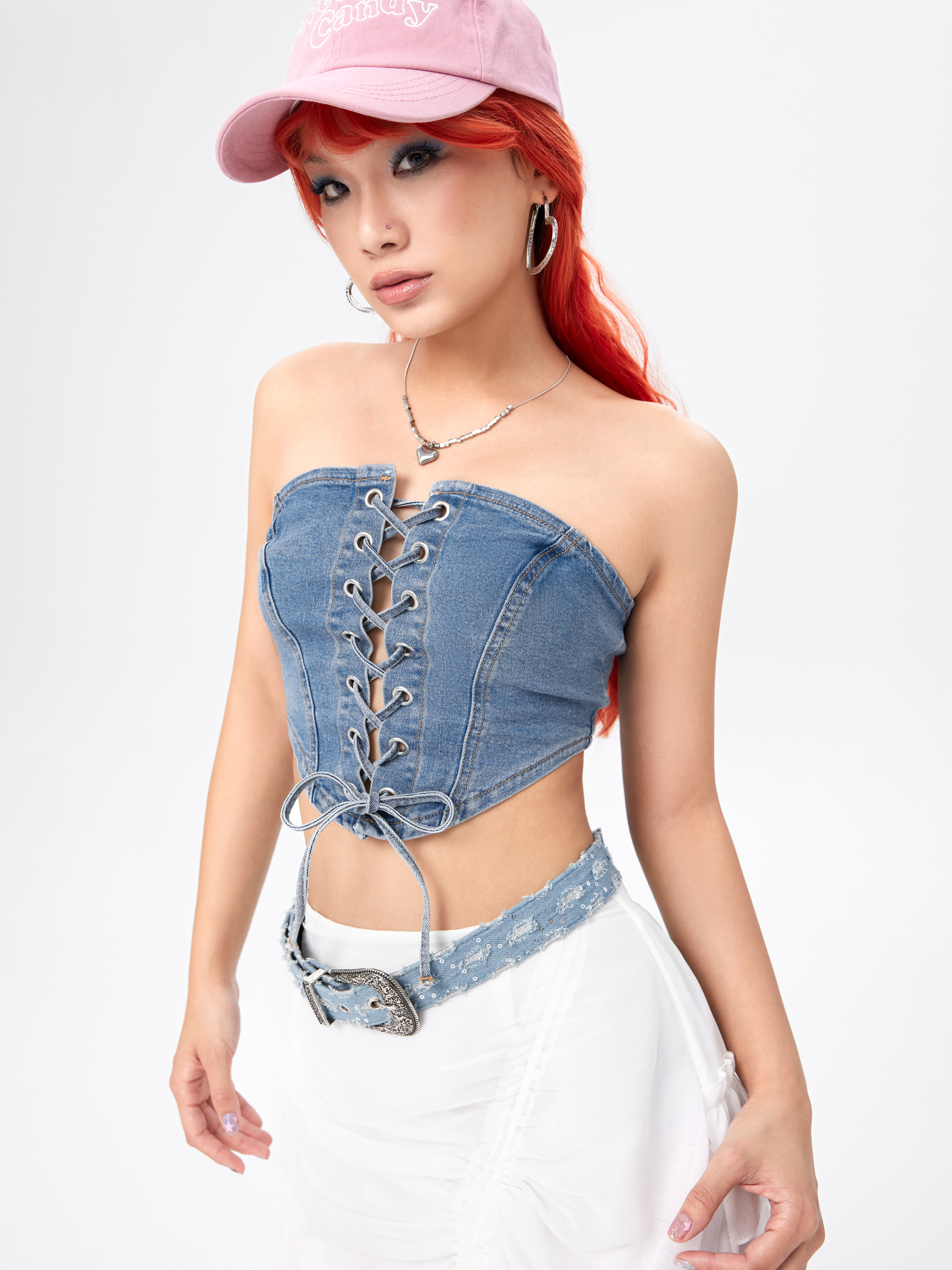 Denim Lace Up Corset Crop Tube Top - Cider