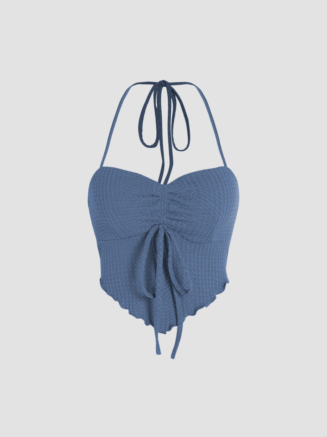 Texture Drawstring Halter Crop Top