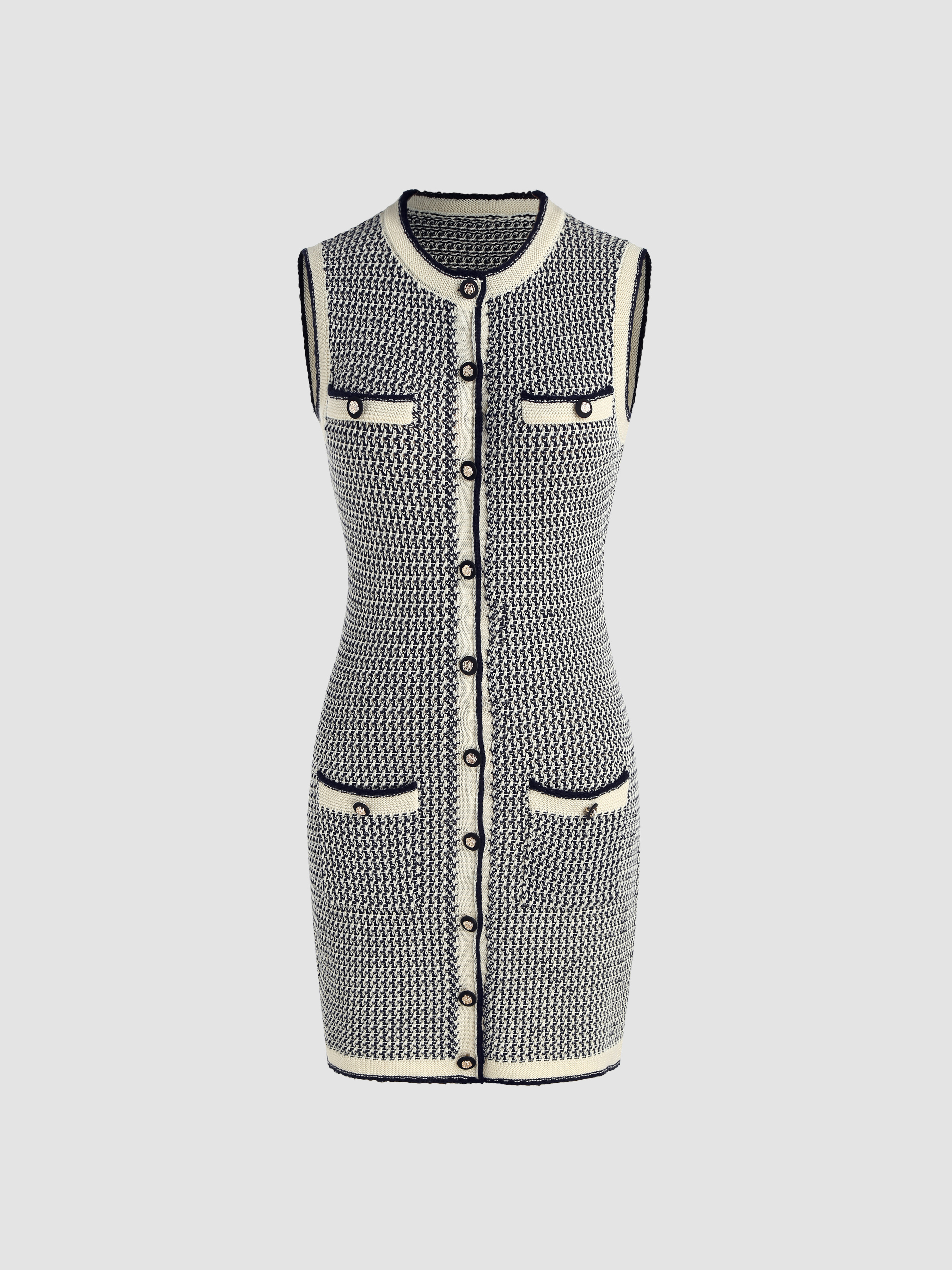 Knit Round Neckline Contrasting Binding Button Tank Mini Dress - Cider