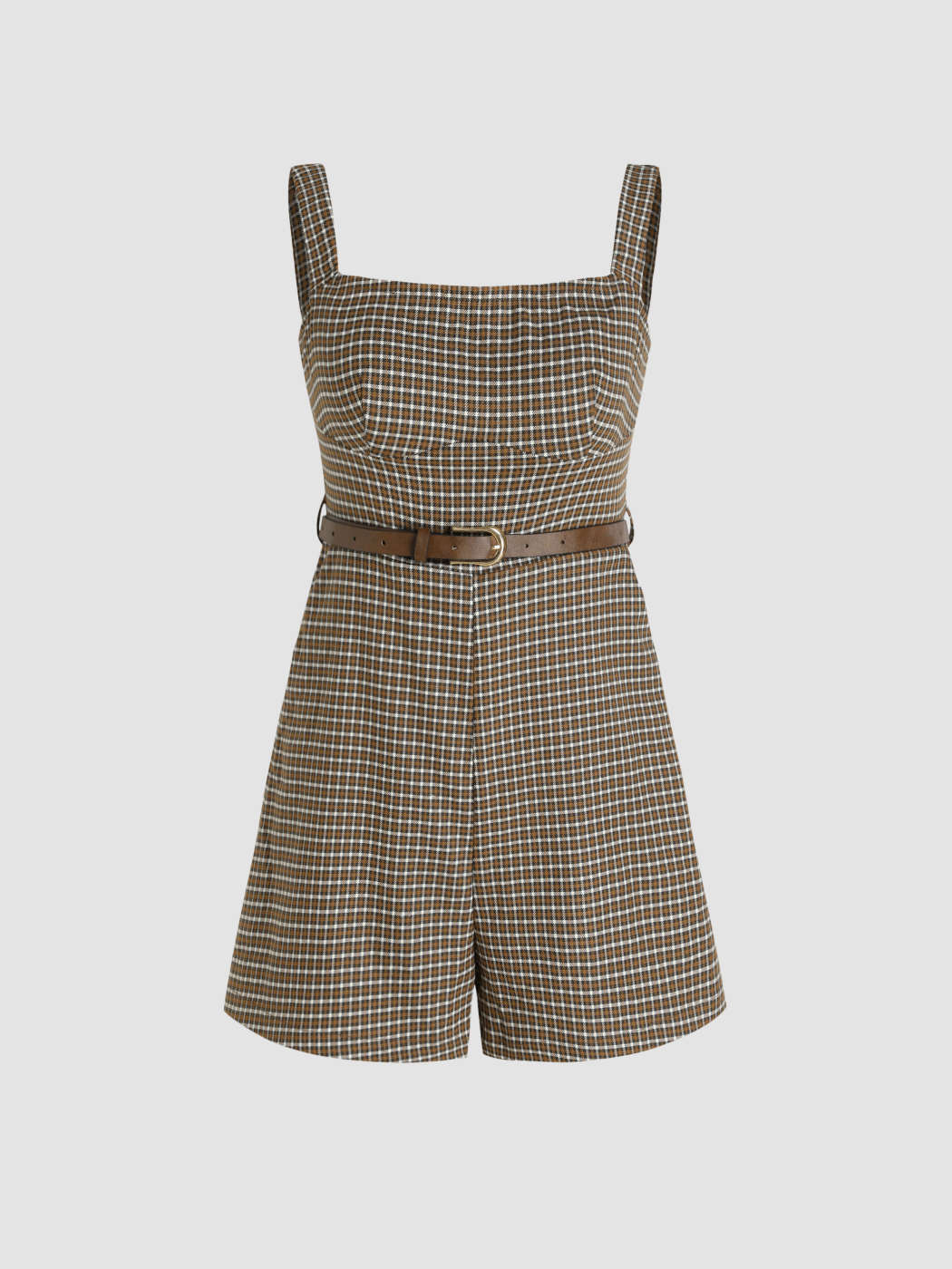 Off-shoulder Belted Check Zipper Romper For Daily Casual Date