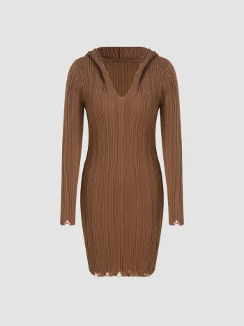 Mini abito a costine strappate con scollo a V in maglia solida