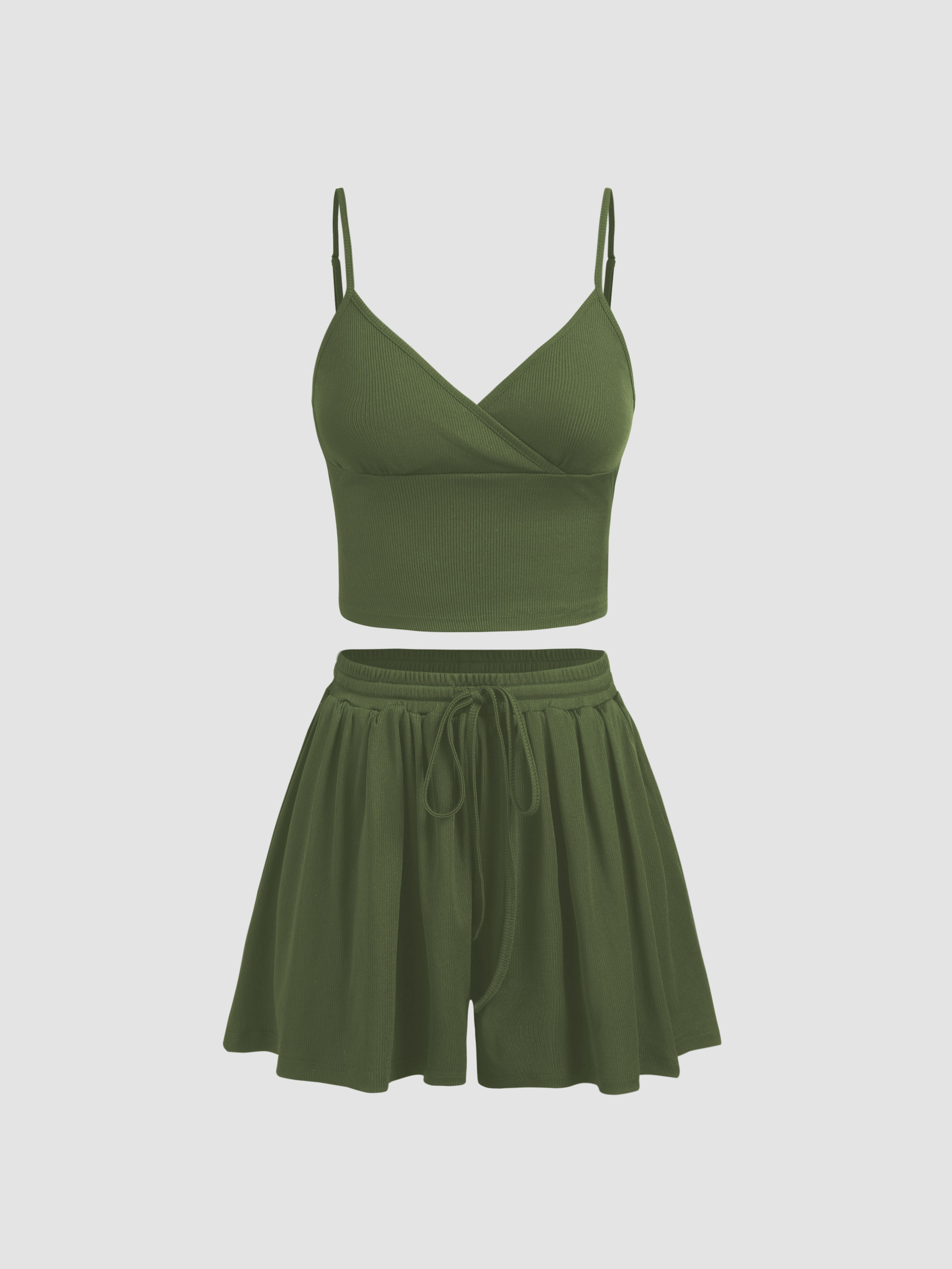 Knit Fabric Knit V neck Crop Top Knotted Shorts Set For Daily Casual