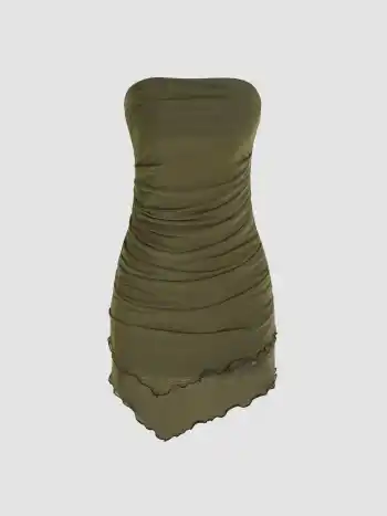 Solid Knit Fabric Ruffle Ruched Tube Mini Dress