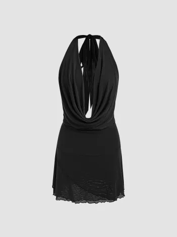  Mesh Halter Geknotetes Cowl Neck Minikleid